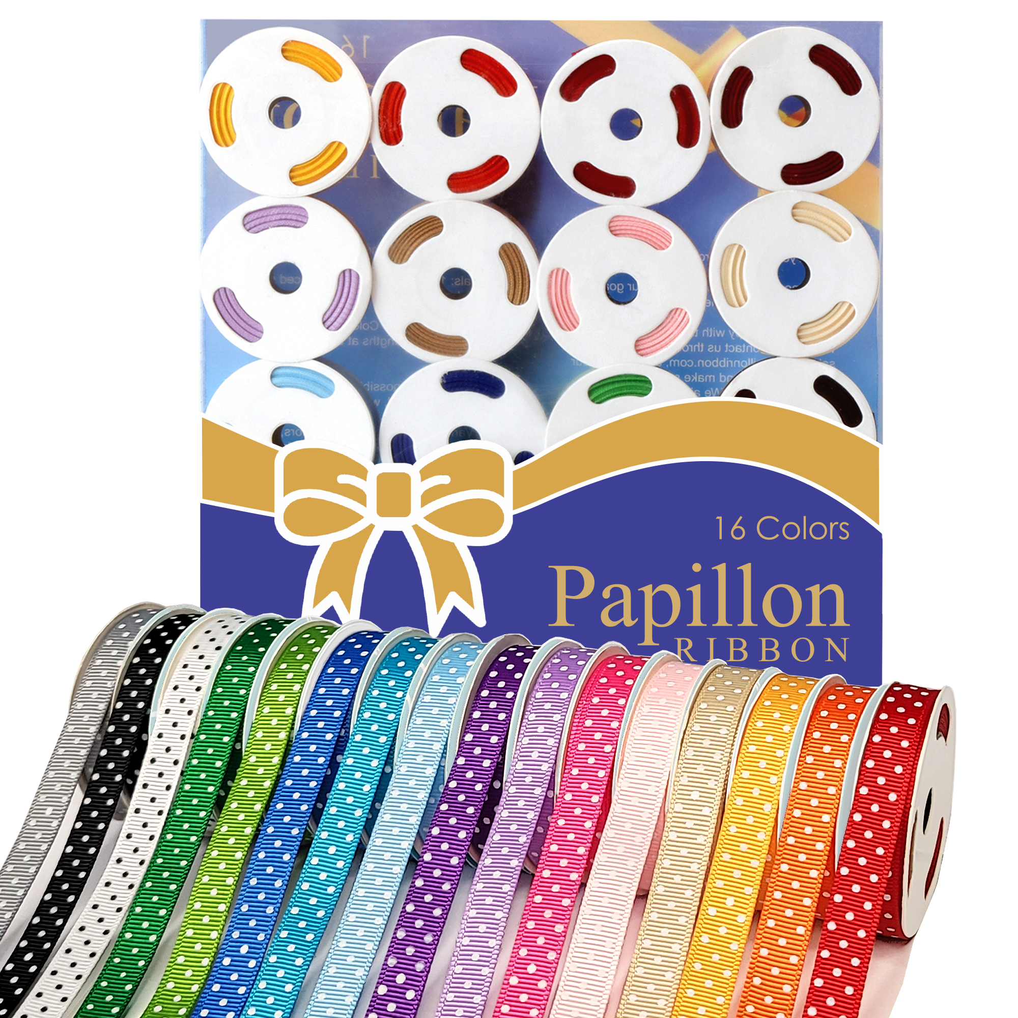16-Color Polka Dot Grosgrain Ribbon Pack (3/8" × 3 yds)