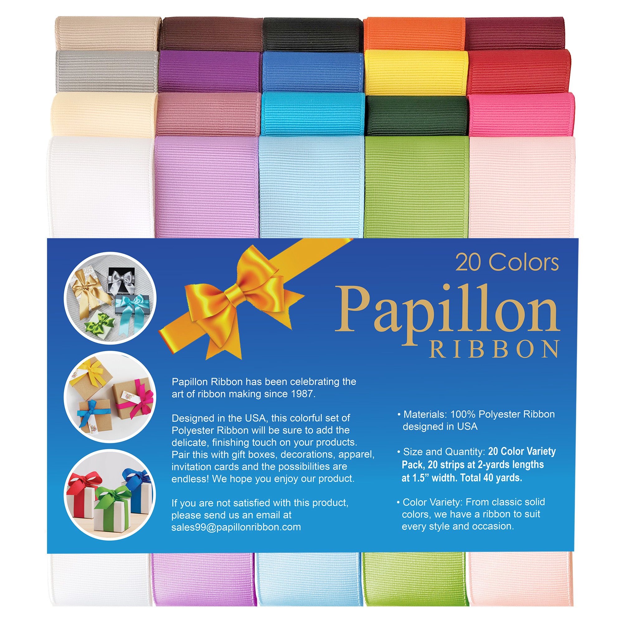 20-Color Grosgrain Ribbon Pack (1-1/2" × 2 yds)