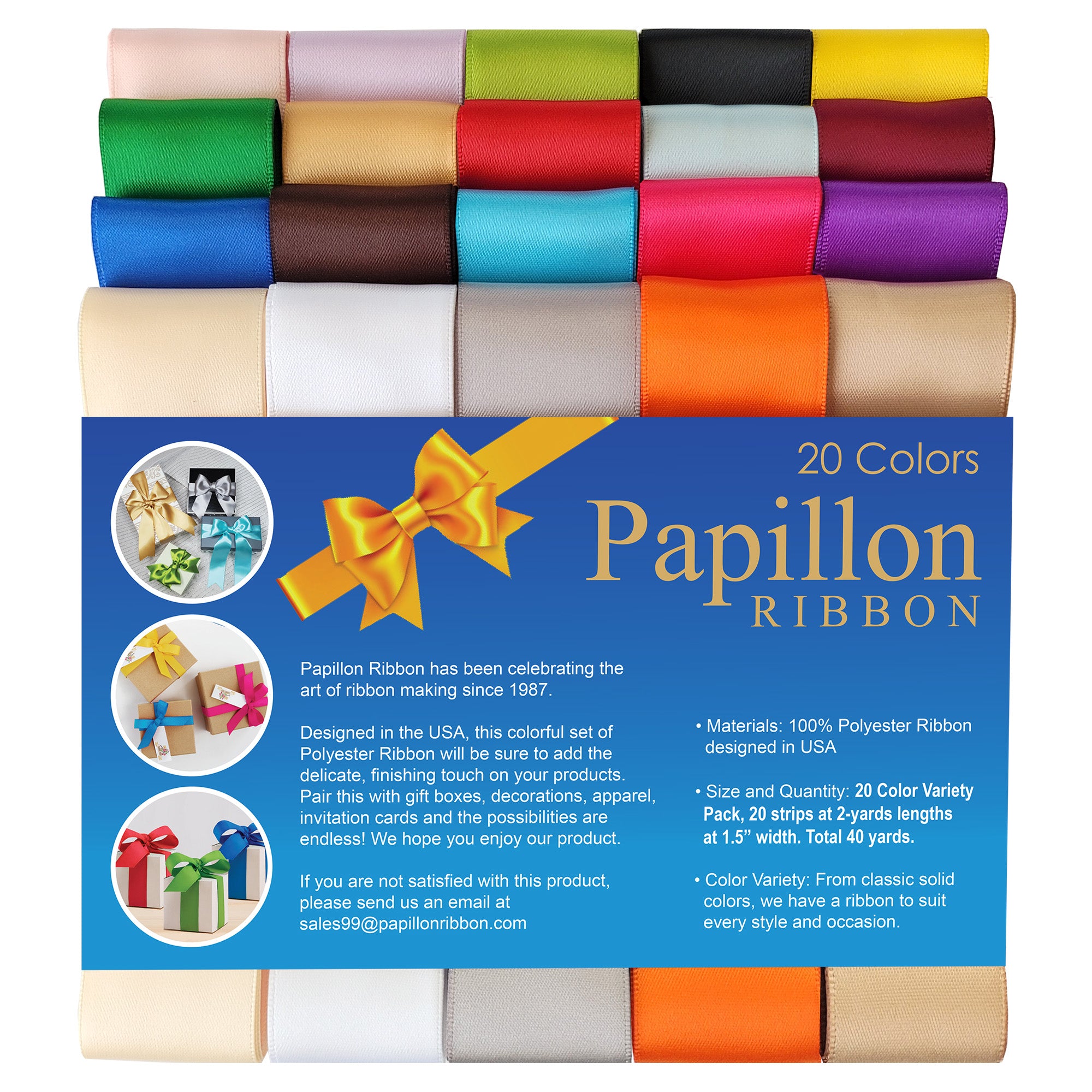 20-Color Double-Face Satin Ribbon Pack (1-1/2" × 2 yds)